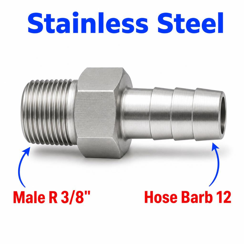 BSPT Tapered R 3/8 inch Male to BARB OD 12mm / 0.48 inch Stainless Steel 304 Sensor Adaptor Fittings Conversion