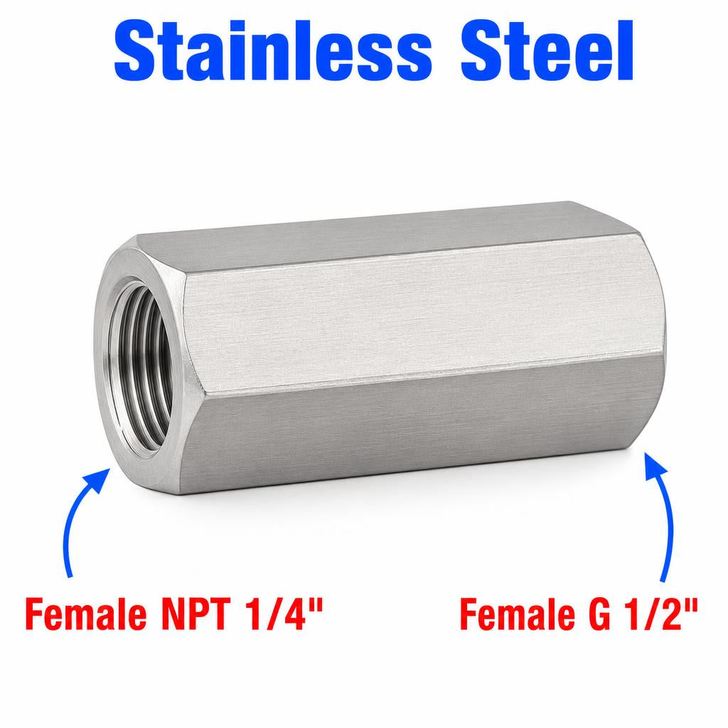 1/4 inch NPT Female to BSP G 1/2 inch Female Stainless Steel 304 Sensor Adaptor Fittings Conversion