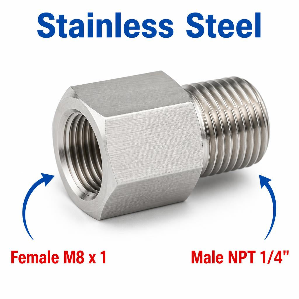 M8x1 Female to 1/4 inch NPT Male Stainless Steel 304 Sensor Adaptor Fittings Conversion