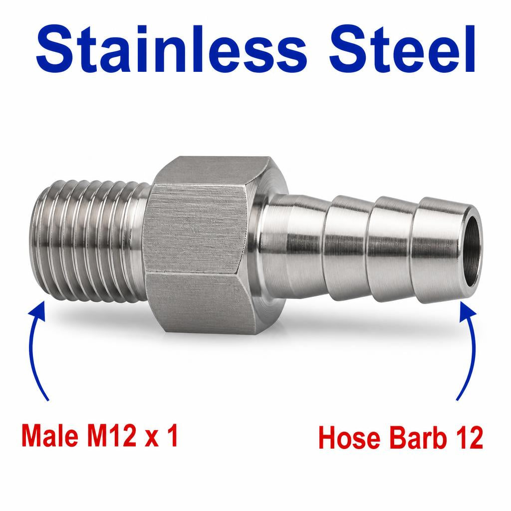 M12x1 Male to BARB OD 12mm / 0.48 inch Stainless Steel 304 Sensor Adaptor Fittings Conversion