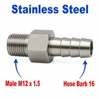 M12x1.5 Male to BARB OD 16mm/ 0.64 inch Stainless Steel 304 Sensor Adaptor Fittings Conversion