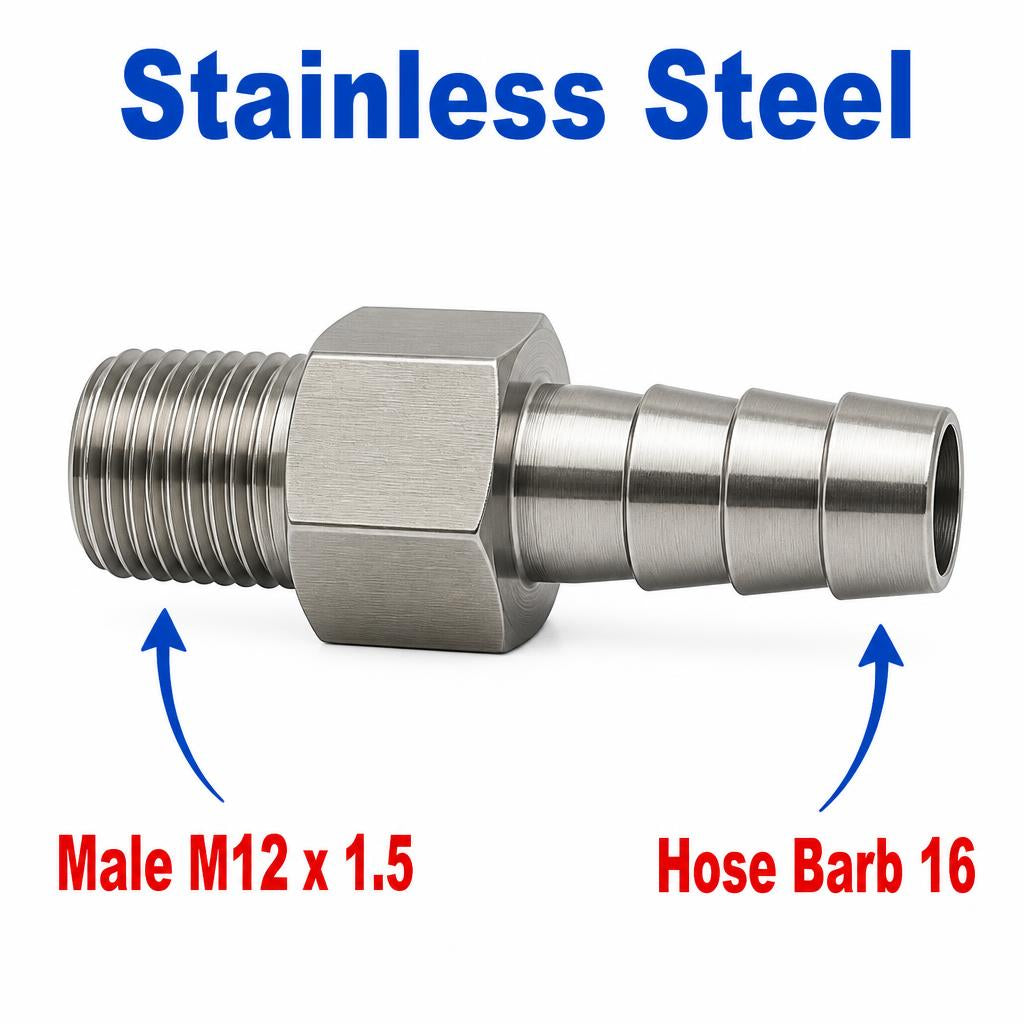 M12x1.5 Male to BARB OD 16mm/ 0.64 inch Stainless Steel 304 Sensor Adaptor Fittings Conversion