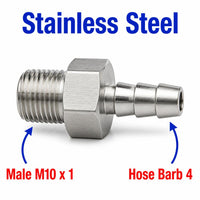 M10x1 Male to BARB OD 4mm / 0.16 inch Stainless Steel 304 Sensor Adaptor Fittings Conversion