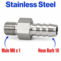 M8x1 Male to BARB OD 10mm / 0.4 inch Stainless Steel 304 Sensor Adaptor Fittings Conversion