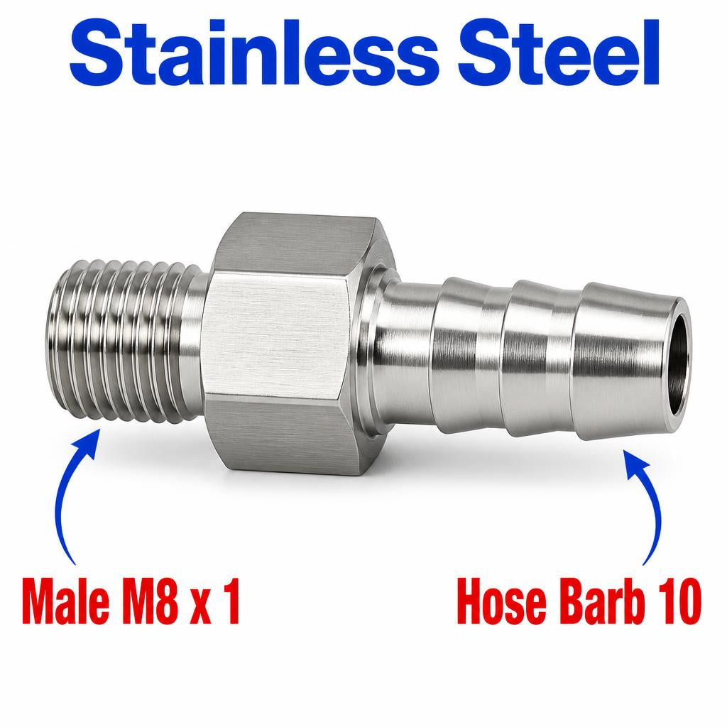 M8x1 Male to BARB OD 10mm / 0.4 inch Stainless Steel 304 Sensor Adaptor Fittings Conversion