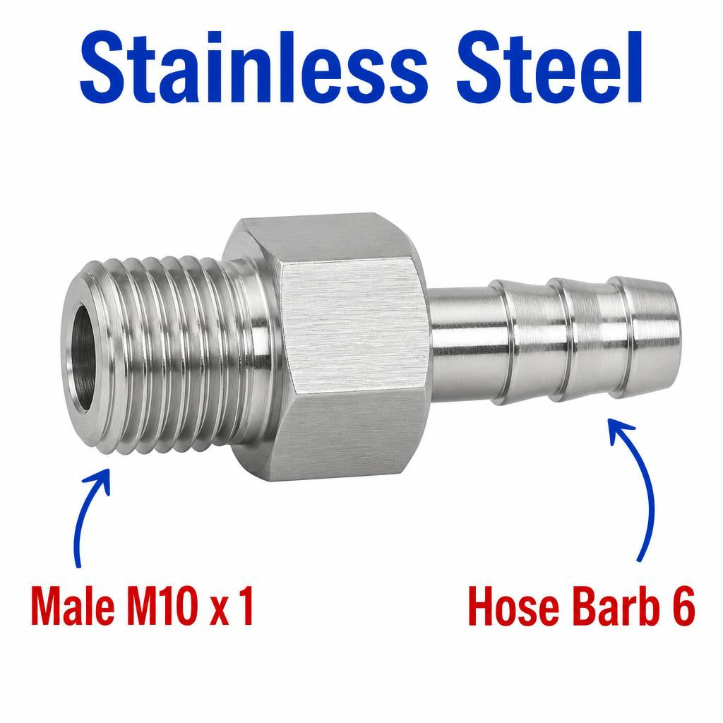 M10x1 Male to BARB OD 6mm / 0.24 inch Stainless Steel 304 Sensor Adaptor Fittings Conversion