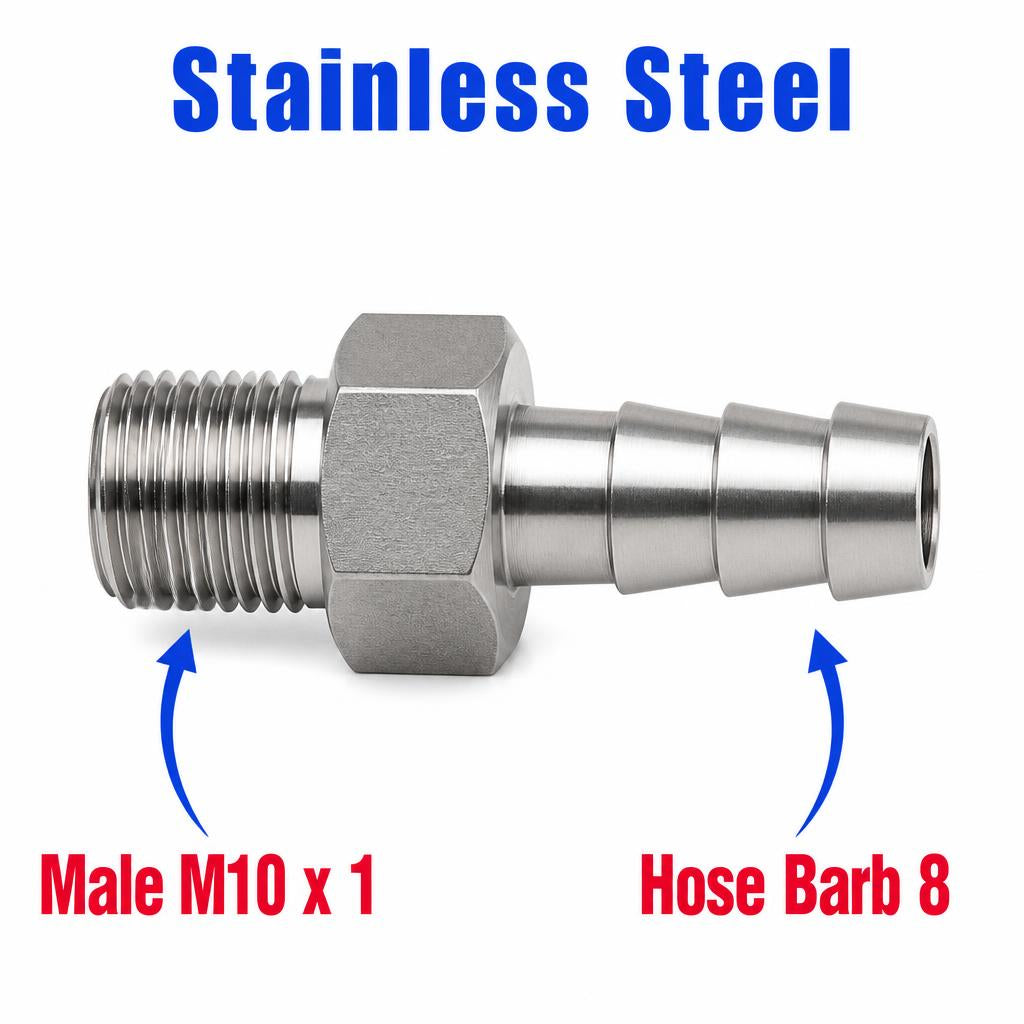 M10x1 Male to BARB OD 8mm / 0.32 inch Stainless Steel 304 Sensor Adaptor Fittings Conversion