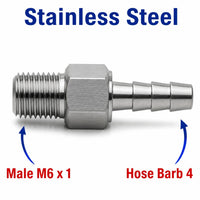 M6x1 Male to BARB OD 4mm / 0.16 inch Stainless Steel 304 Sensor Adaptor Fittings Conversion
