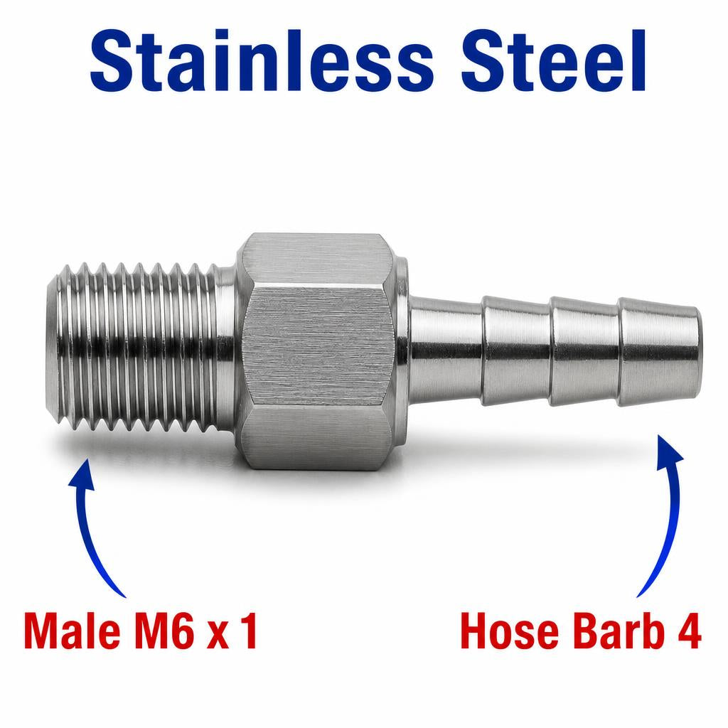 M6x1 Male to BARB OD 4mm / 0.16 inch Stainless Steel 304 Sensor Adaptor Fittings Conversion
