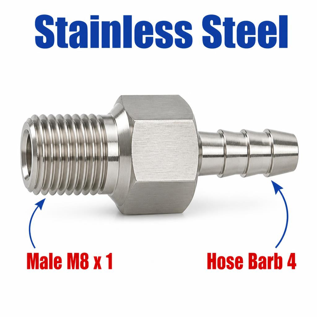 M8x1 Male to BARB OD 4mm / 0.16 inch Stainless Steel 304 Sensor Adaptor Fittings Conversion