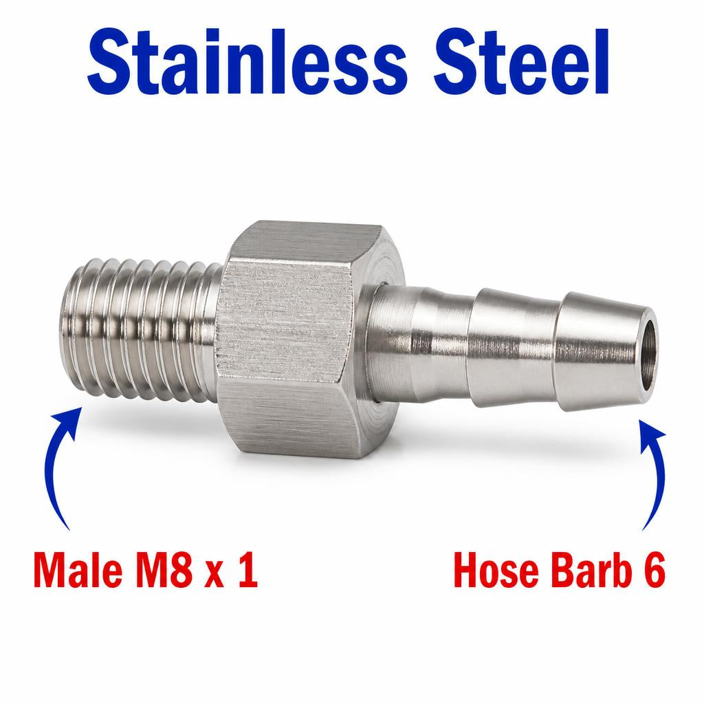 M8x1 Male to BARB OD 6mm / 0.24 inch Stainless Steel 304 Sensor Adaptor Fittings Conversion