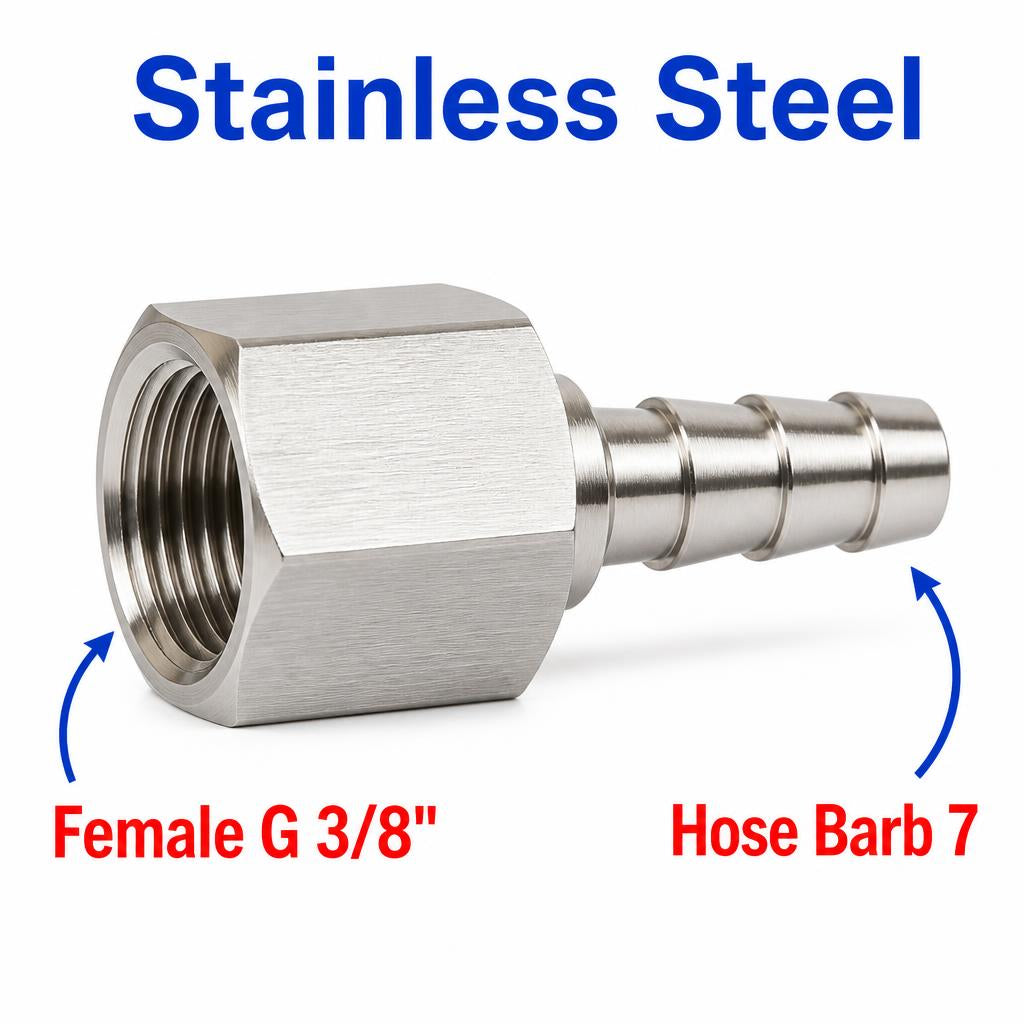 BSP G 3/8 inch Female to BARB OD 7mm / 0.28  Stainless Steel 304 Sensor Adaptor Fittings Conversion