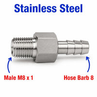 Stainless steel M8x1 male to 8mm barb sensor adaptor fitting for conversion, designed by MC Motoparts.