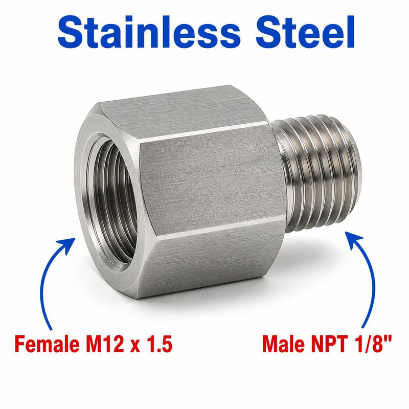 Stainless steel M12x1.5 female to 1/8 inch NPT male sensor adaptor fitting for conversion, by MC Motoparts.