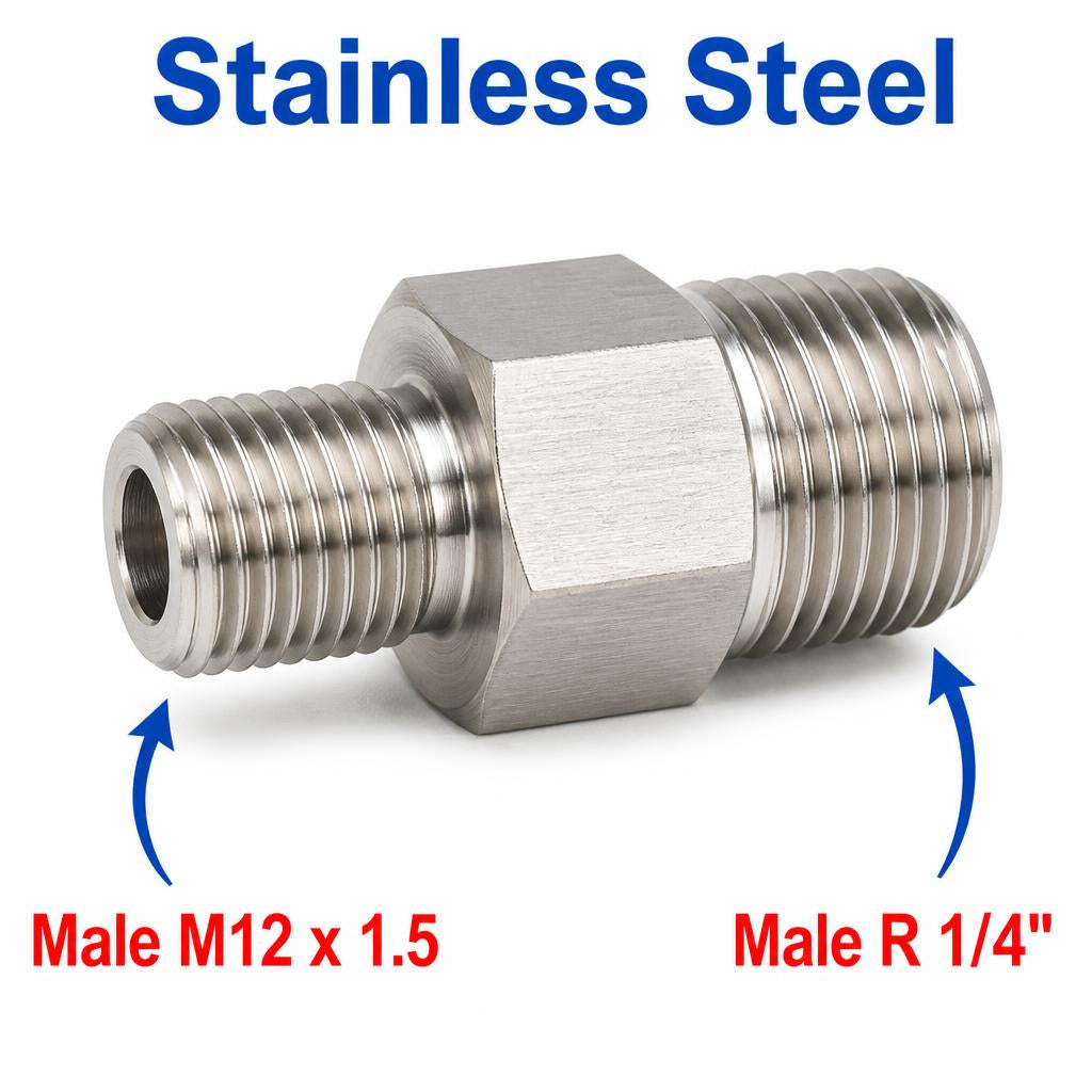 M12x1.5 Male to BSPT Tapered R 1/4 inch Male Stainless Steel 304 Sensor Adaptor Fittings Conversion