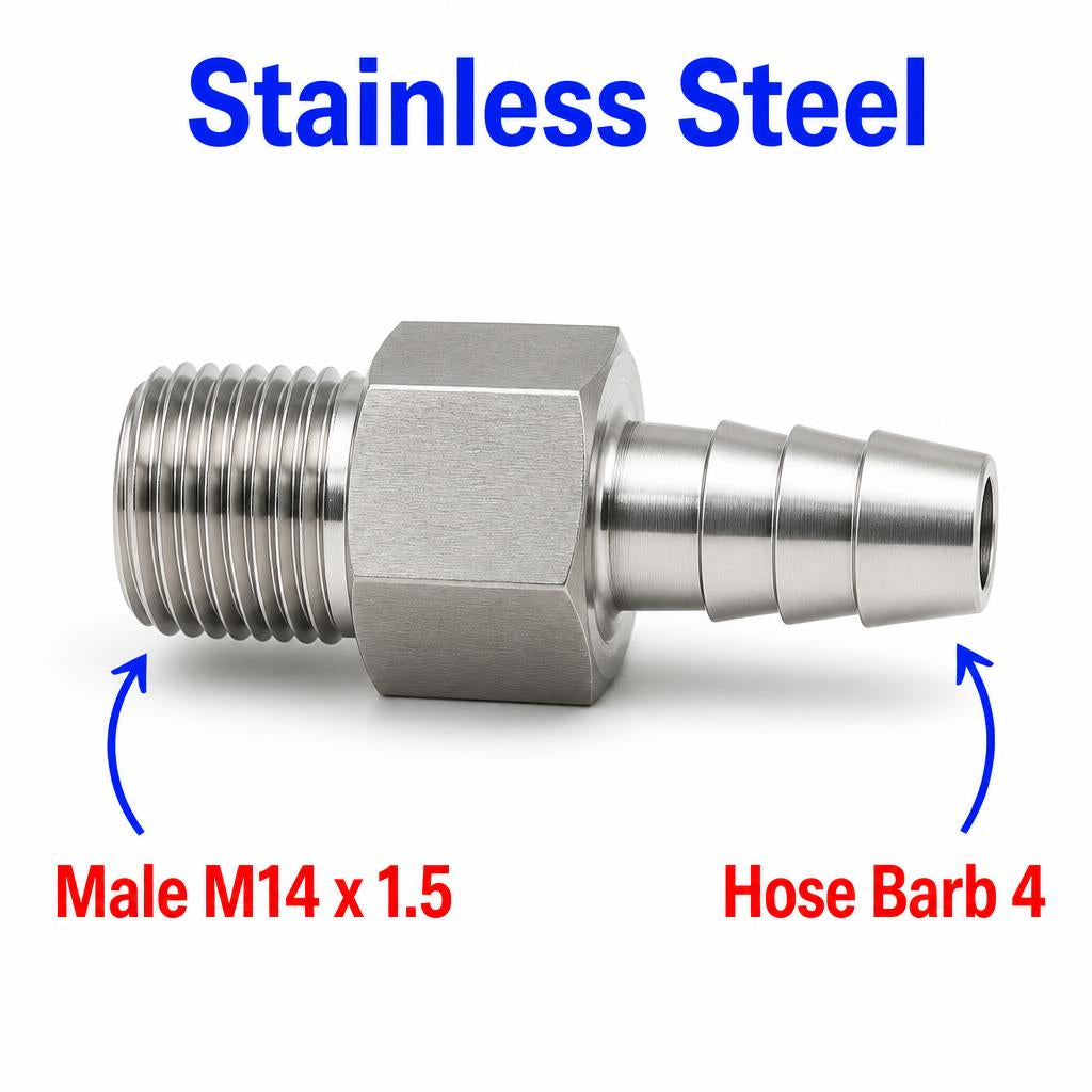 M14x1.5 Male to BARB OD 4mm / 0.16 inch Stainless Steel 304 Sensor Adaptor Fittings Conversion