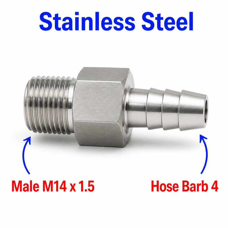 M14x1.5 Male to BARB OD 4mm / 0.16 inch Stainless Steel 304 Sensor Adaptor Fittings Conversion