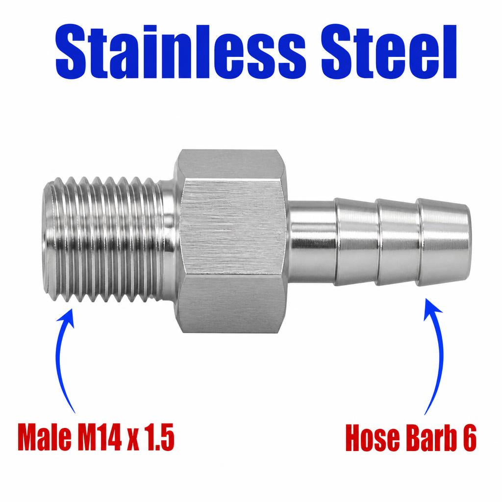 M14x1.5 Male to BARB OD 6mm / 0.24 inch Stainless Steel 304 Sensor Adaptor Fittings Conversion