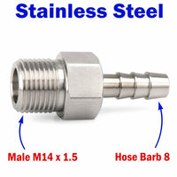 M14x1.5 Male to BARB OD 8mm / 0.32 inch Stainless Steel 304 Sensor Adaptor Fittings Conversion