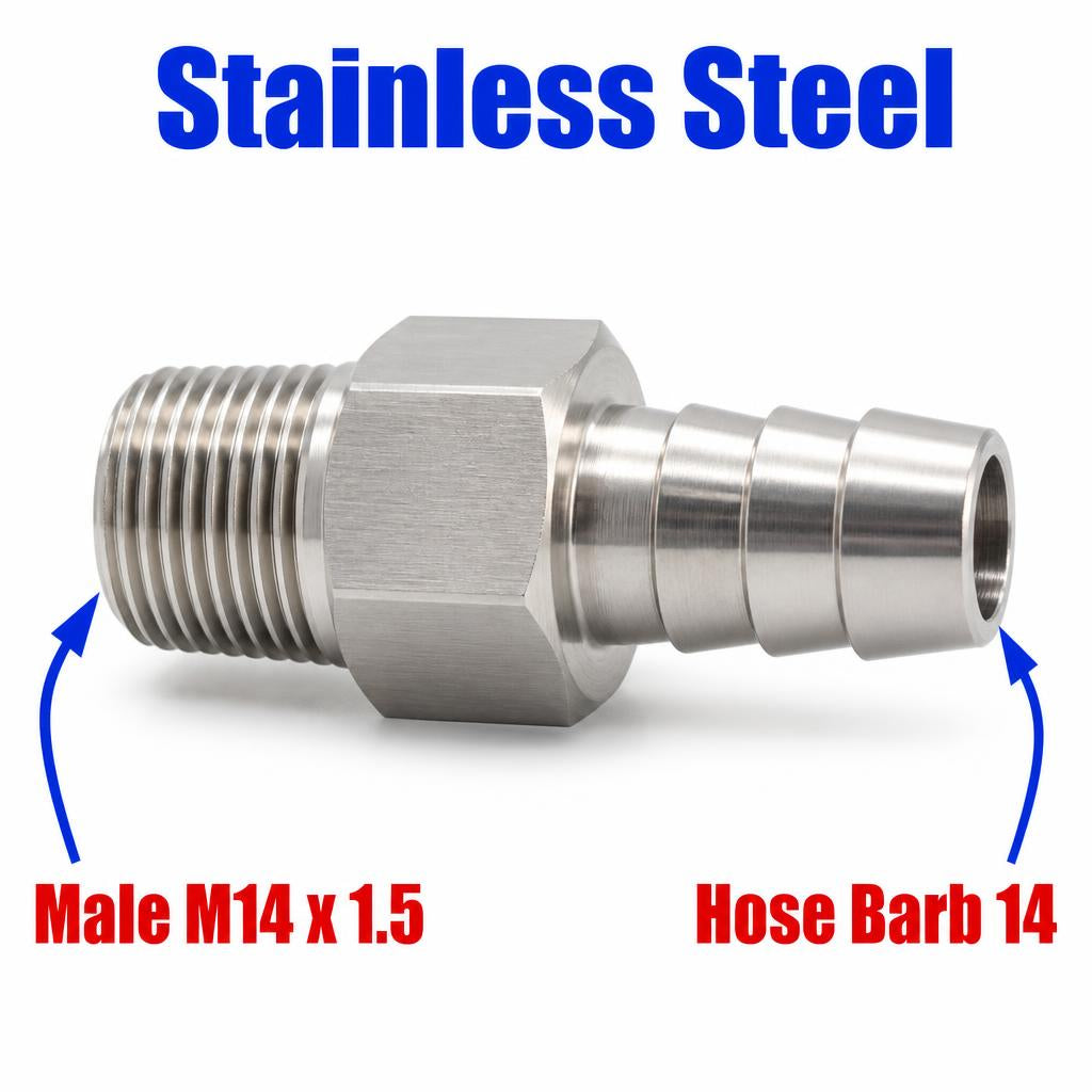 M14x1.5 Male to BARB OD 14mm / 0.56 inch Stainless Steel 304 Sensor Adaptor Fittings Conversion