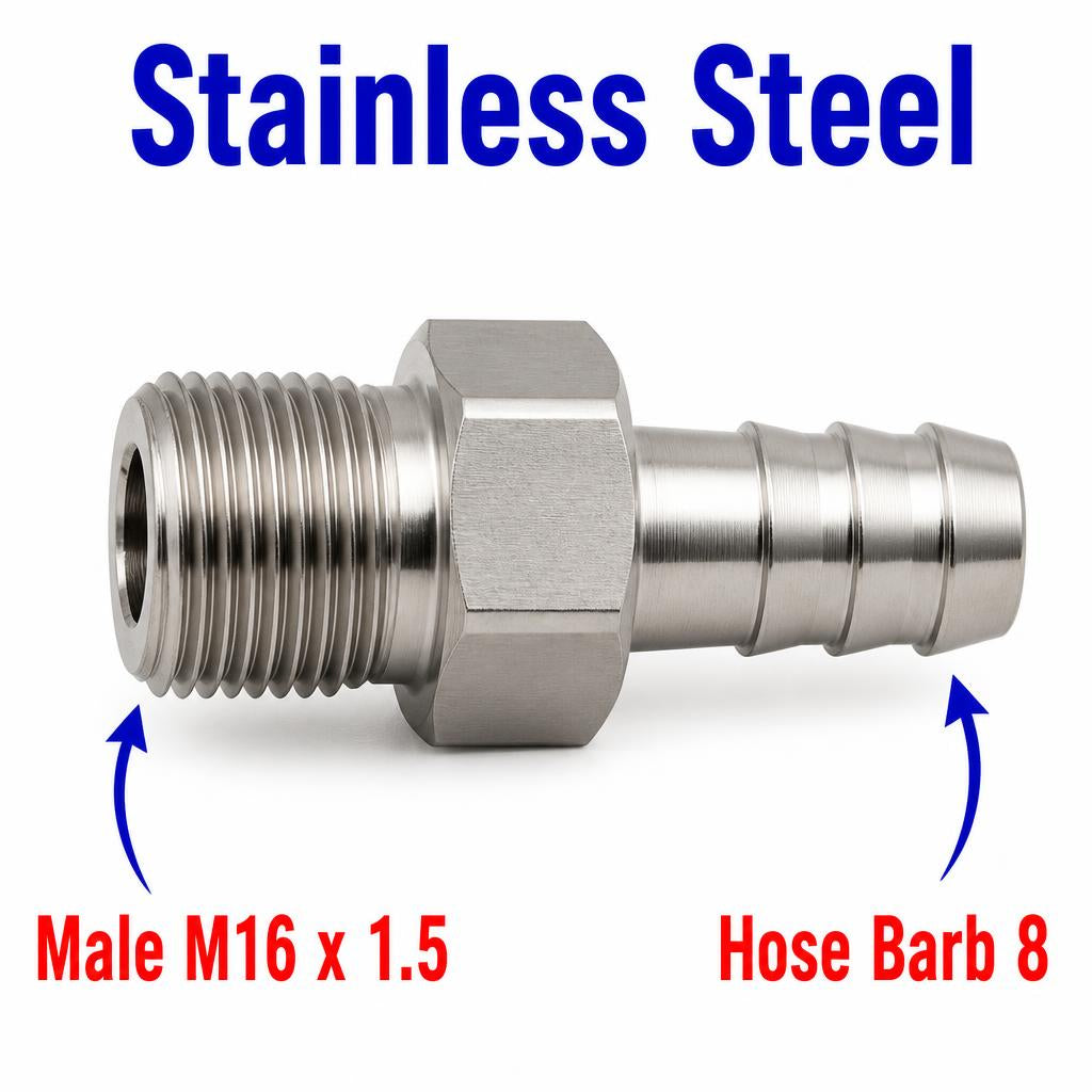 M16x1.5 Male to BARB OD 8mm / 0.32 inch Stainless Steel 304 Sensor Adaptor Fittings Conversion
