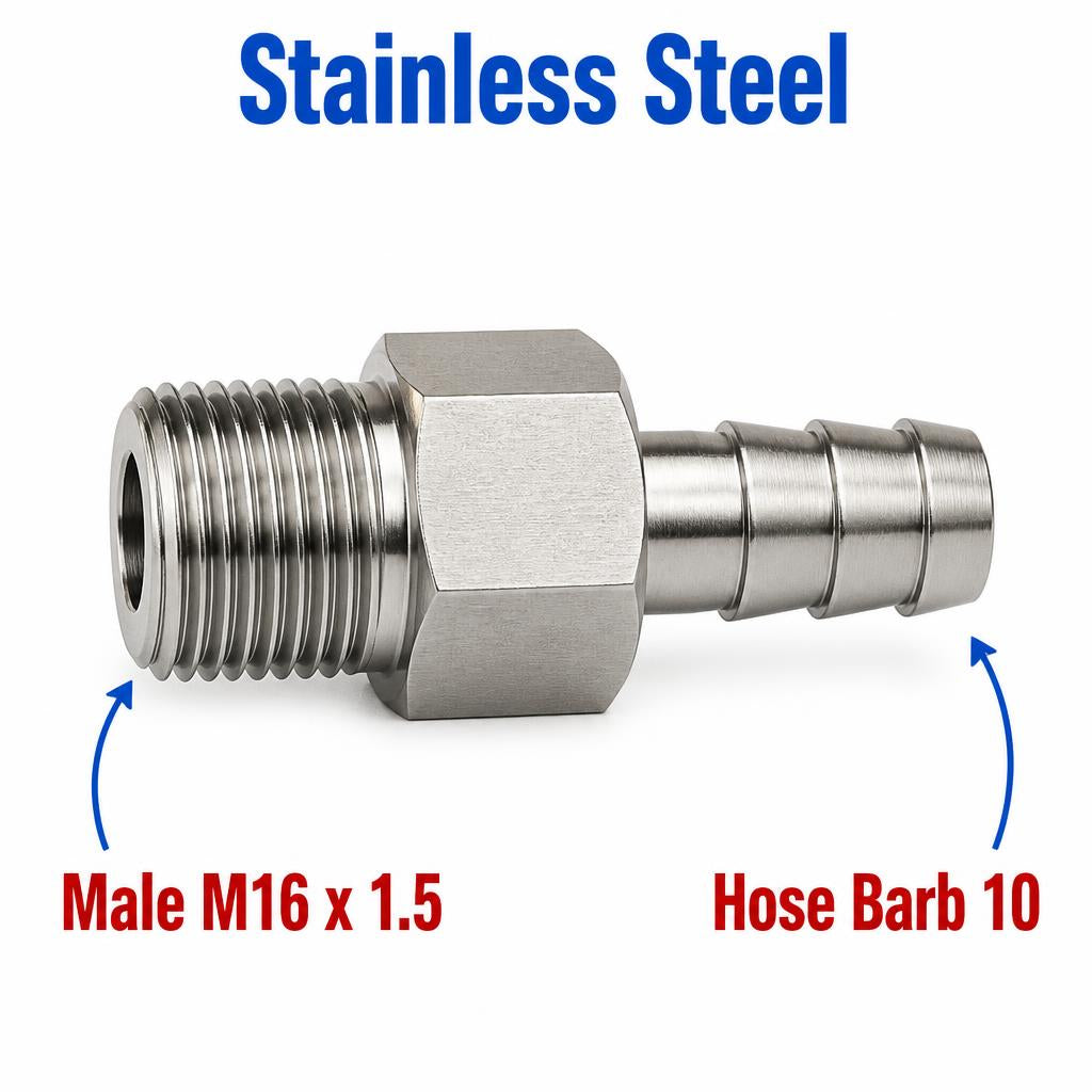 M16x1.5 Male to BARB OD 10mm / 0.4 inch Stainless Steel 304 Sensor Adaptor Fittings Conversion