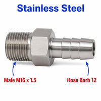 M16x1.5 Male to BARB OD 12mm / 0.48 inch Stainless Steel 304 Sensor Adaptor Fittings Conversion