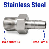 M18x1.5 Male to BARB OD 8mm / 0.32 inch Stainless Steel 304 Sensor Adaptor Fittings Conversion