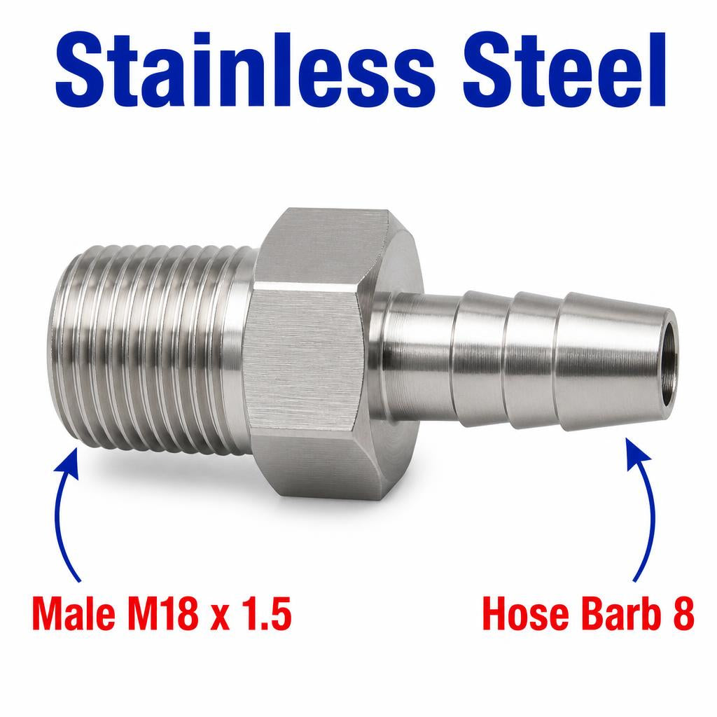 M18x1.5 Male to BARB OD 8mm / 0.32 inch Stainless Steel 304 Sensor Adaptor Fittings Conversion