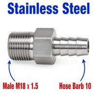 M18x1.5 Male to BARB OD 10mm / 0.4 inch Stainless Steel 304 Sensor Adaptor Fittings Conversion