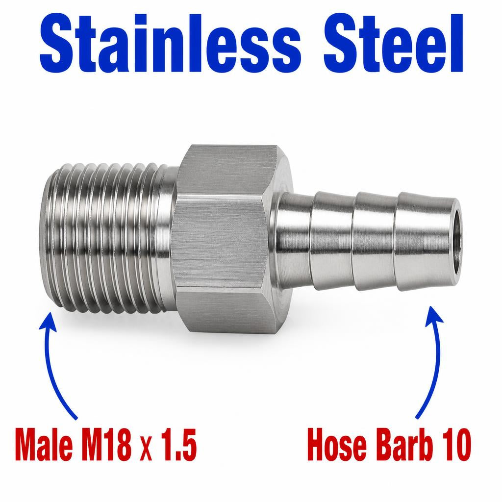M18x1.5 Male to BARB OD 10mm / 0.4 inch Stainless Steel 304 Sensor Adaptor Fittings Conversion