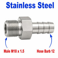 M18x1.5 Male to BARB OD 12mm / 0.48 inch Stainless Steel 304 Sensor Adaptor Fittings Conversion