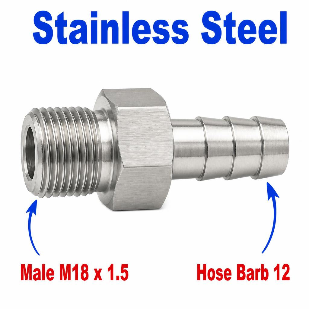M18x1.5 Male to BARB OD 12mm / 0.48 inch Stainless Steel 304 Sensor Adaptor Fittings Conversion