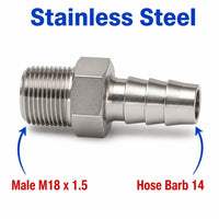 M18x1.5 Male to BARB OD 14mm / 0.56 inch Stainless Steel 304 Sensor Adaptor Fittings Conversion