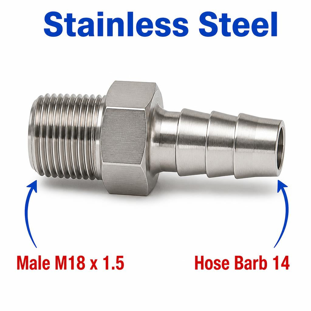 M18x1.5 Male to BARB OD 14mm / 0.56 inch Stainless Steel 304 Sensor Adaptor Fittings Conversion