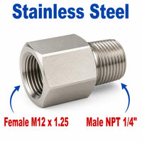 M12x1.25 Female to 1/4 inch NPT Male Stainless Steel 304 Sensor Adaptor Fittings Conversion