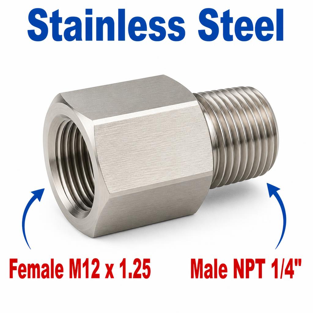 M12x1.25 Female to 1/4 inch NPT Male Stainless Steel 304 Sensor Adaptor Fittings Conversion