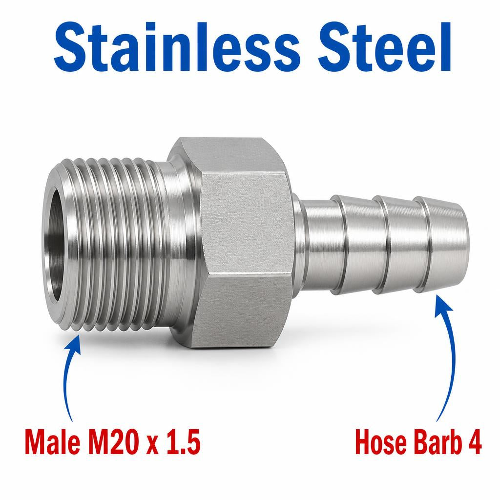 M20x1.5 Male to BARB OD 4mm / 0.16 inch Stainless Steel 304 Sensor Adaptor Fittings Conversion