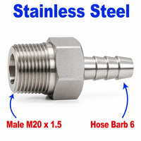 M20x1.5 Male to BARB OD 6mm / 0.24 inch Stainless Steel 304 Sensor Adaptor Fittings Conversion