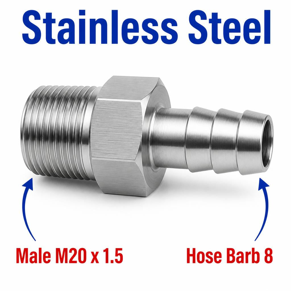M20x1.5 Male to BARB OD 8mm / 0.32 inch Stainless Steel 304 Sensor Adaptor Fittings Conversion