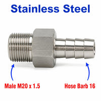 M20x1.5 Male to BARB OD 16mm/ 0.64 inch Stainless Steel 304 Sensor Adaptor Fittings Conversion
