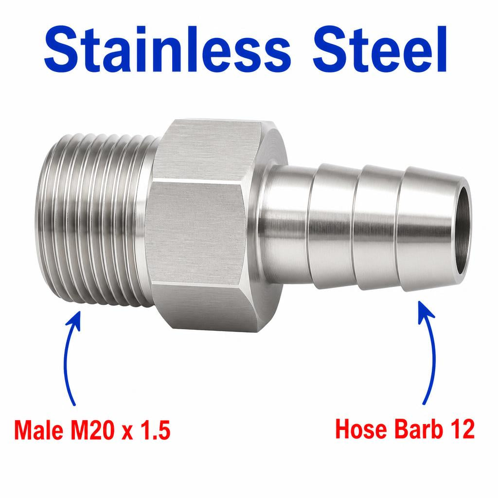 M20x1.5 Male to BARB OD 12mm / 0.48 inch Stainless Steel 304 Sensor Adaptor Fittings Conversion