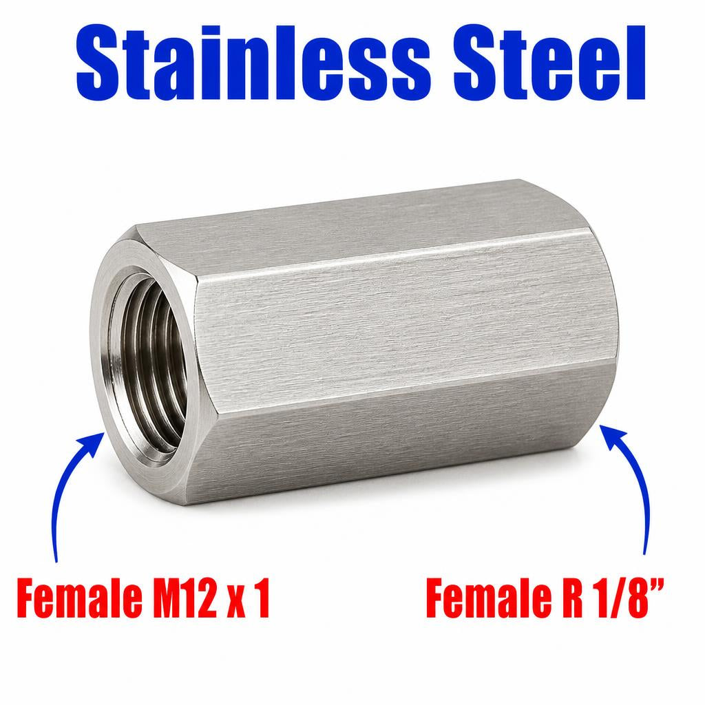 M12x1 Female to BSPT Tapered R 1/8 inch Female Stainless Steel 304 Sensor Adaptor Fittings Conversion