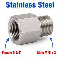 BSP G 1/4 inch Female to M16x2 Male Stainless Steel 304 Sensor Adaptor Fittings Conversion