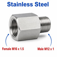M16x1.5 Female to M12x1 Male Stainless Steel 304 Sensor Adaptor Fittings Conversion
