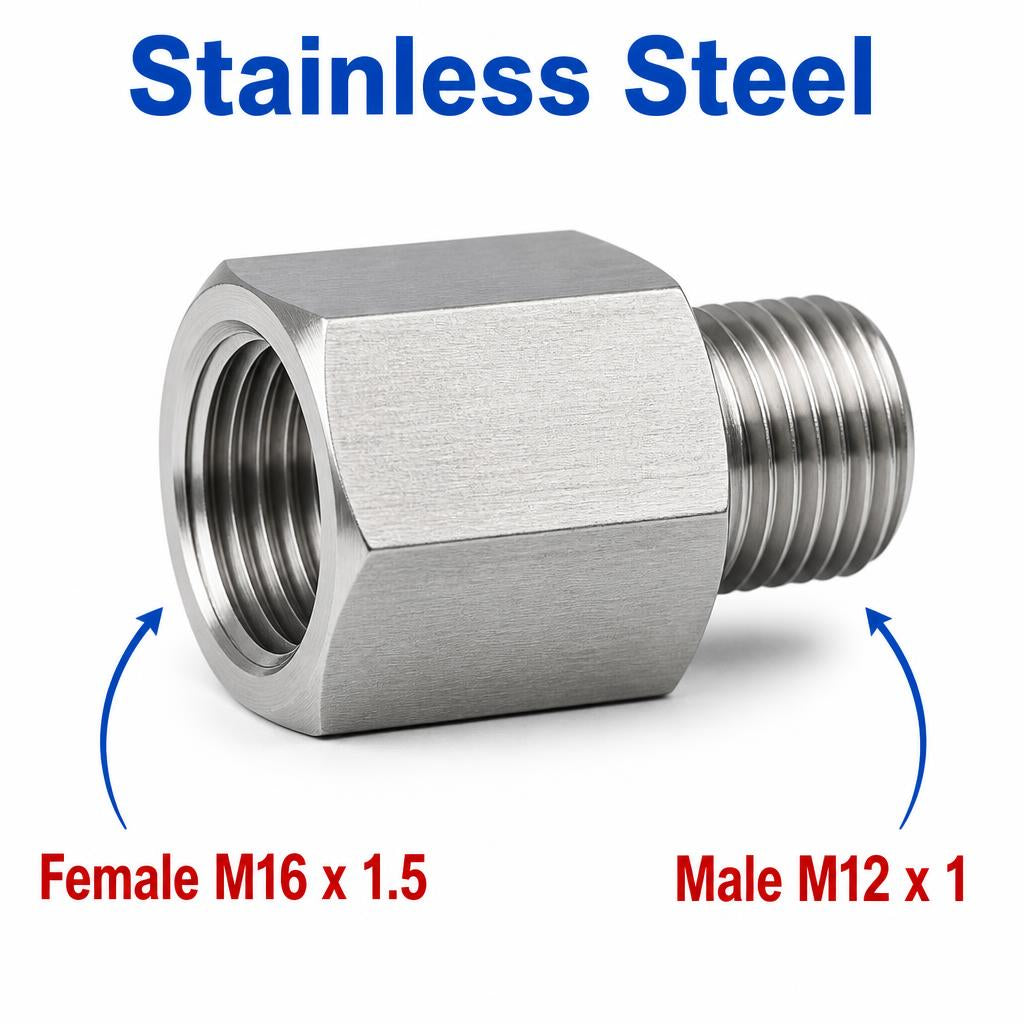 M16x1.5 Female to M12x1 Male Stainless Steel 304 Sensor Adaptor Fittings Conversion