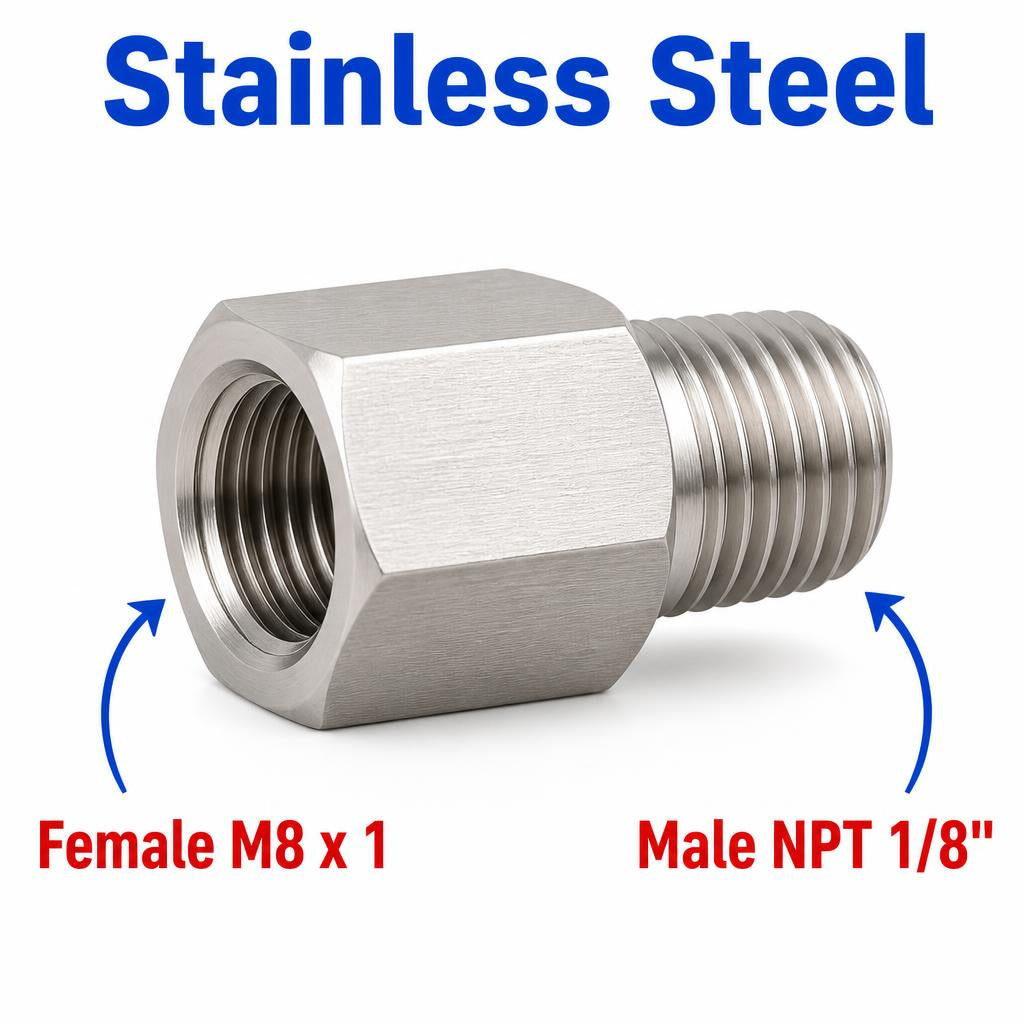 M8x1 Female to 1/8 inch NPT Male Stainless Steel 304 Sensor Adaptor Fittings Conversion