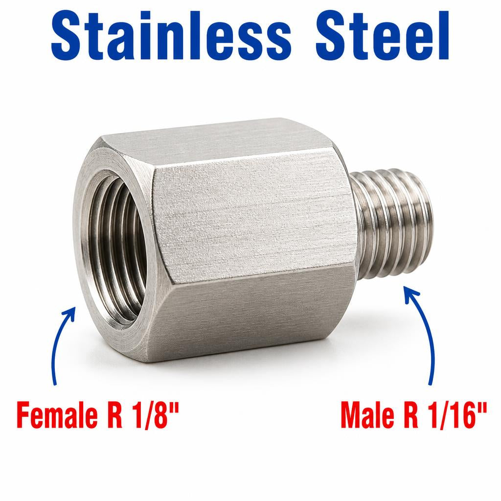 BSPT Tapered R 1/8 inch Female to BSPT Tapered R 1/16 inch Male Stainless Steel 304 Sensor Adaptor Fittings Conversion