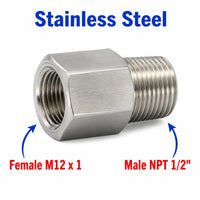 M12x1 Female to 1/2 inch NPT Male Stainless Steel 304 Sensor Adaptor Fittings Conversion