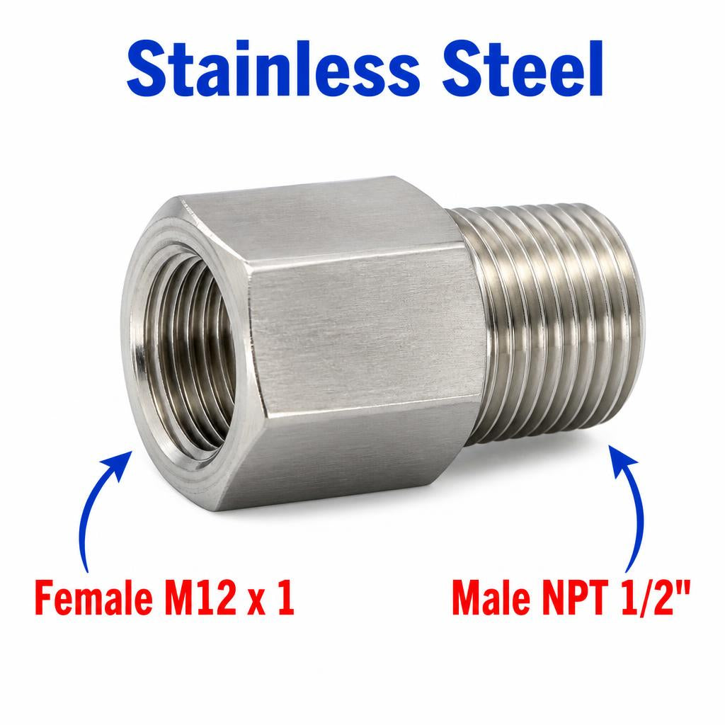 M12x1 Female to 1/2 inch NPT Male Stainless Steel 304 Sensor Adaptor Fittings Conversion